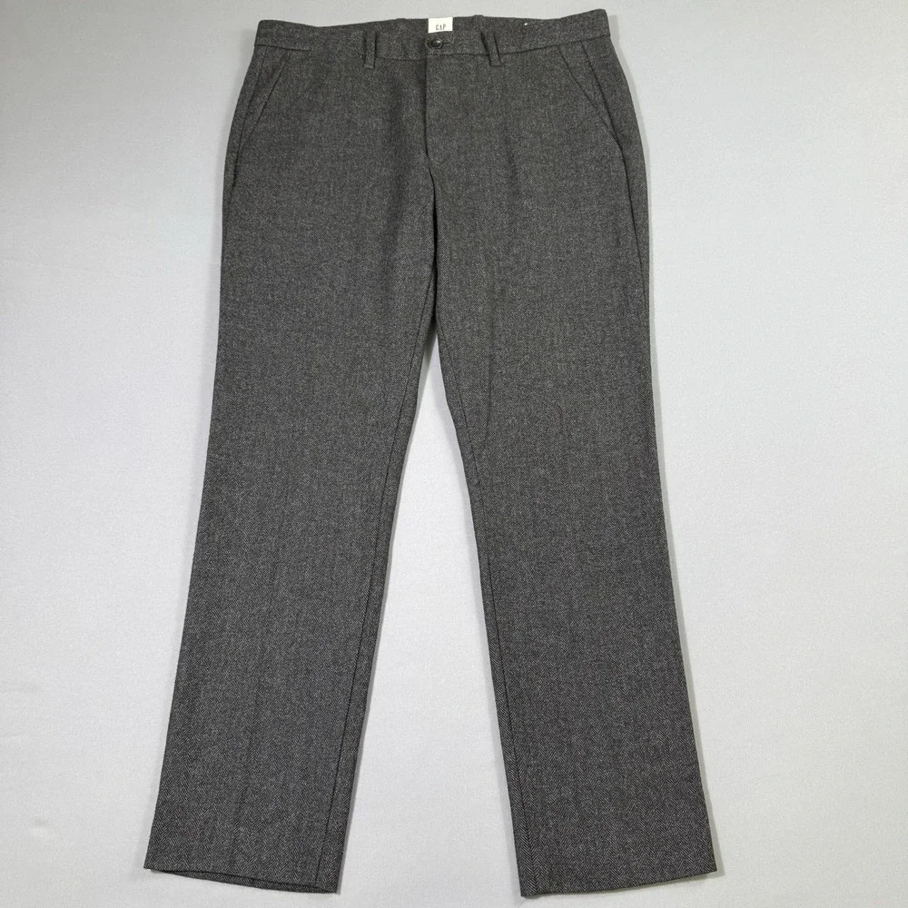 Gap Mens Slim Fit Herringbone Twill Wool Blend Trousers 32x30 Grey Dress Pants